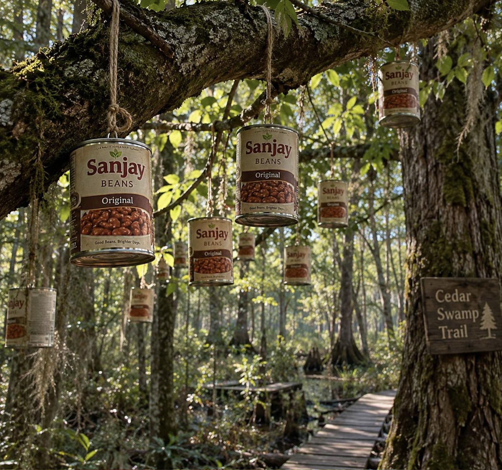 Nine cans of Sanjay Beans hanging on twine from a tree branch beside the Cedar Swamp Trail boardwalk.
