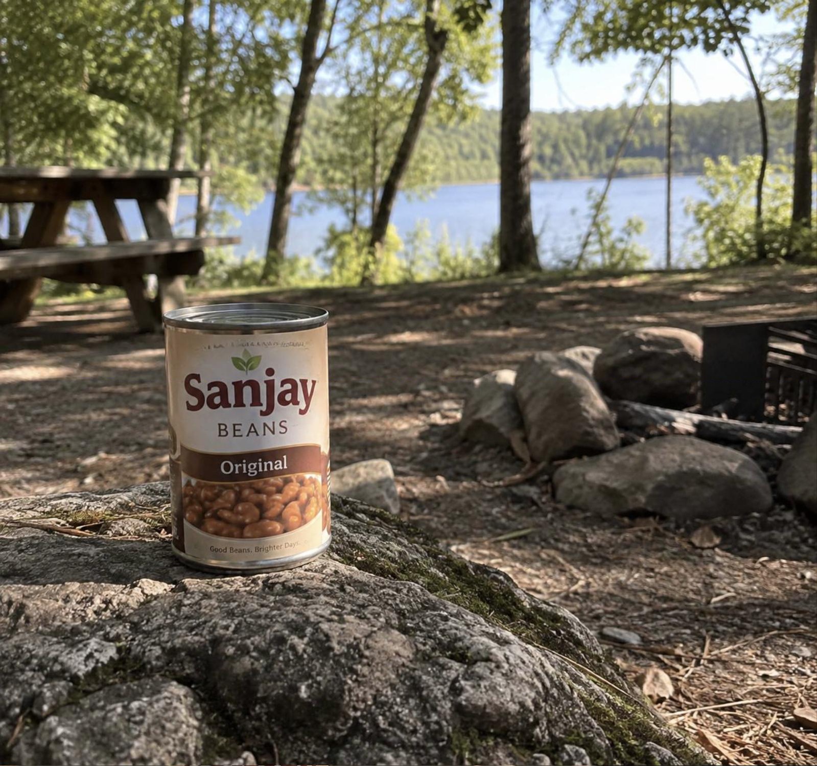 A can of Sanjay Beans Original on a rock at the edge of the water on Johnson Island.